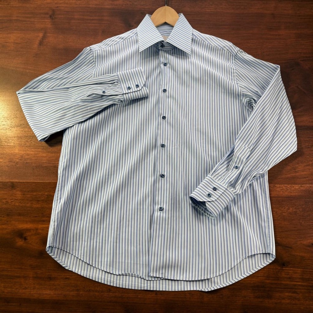 Vintage Lot 2 Ateseta Firenze Mens Dress Shirts 16.5 42 Blue Striped Solid Italy - Picture 2 of 16